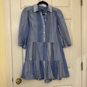 Gap Multi Stripe Blue Mini Long Sleeve Tiered Dress